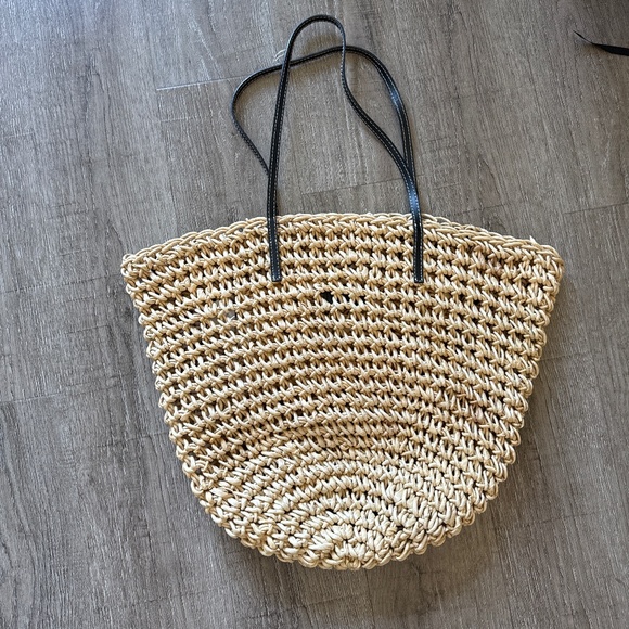 J. Crew Tan Woven Tote Bag with Black Handles - Picture 1 of 3